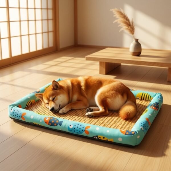 Shiba Inu dog lying on its side in a modern Japanese-inspired living room on the PetzVibes Size L Breathable Rattan Pet Cooling Mat in Tropical Fish Print at golden hour