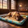 Great Dane lying majestically across the PetzVibes Size XXL Breathable Rattan Pet Cooling Mat in Tropical Fish Print on polished dark hardwood flooring in an industrial loft apartment at dusk