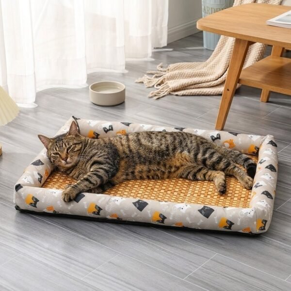 petzvibes-bamboo-rattan-cooling-pet-mat-size-m-adult-cat-lifestyle.jpg Adult tabby cat stretched out and relaxing on the PetzVibes Size M Bamboo Rattan Summer Cooling Pet Mat in Grey Cat Print on ceramic tile floor
