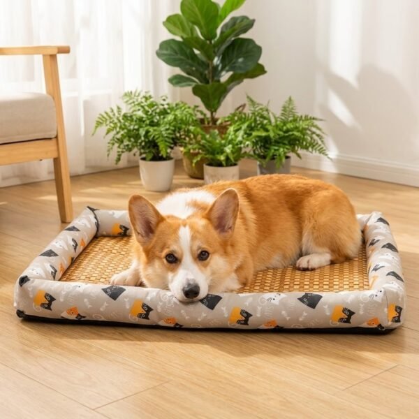 petzvibes-bamboo-rattan-cooling-pet-mat-size-l-corgi-lifestyle.jpg Corgi dog resting in sphinx position on the PetzVibes Size L Bamboo Rattan Summer Cooling Pet Mat in Grey Cat Print on light oak flooring in a bright home interior