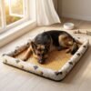 petzvibes-bamboo-rattan-cooling-pet-mat-size-xxl-german-shepherd-lifestyle.jpg Large German Shepherd lying peacefully on the PetzVibes Size XXL Bamboo Rattan Summer Cooling Pet Mat in Grey Cat Print near an open window in a Scandinavian-style home