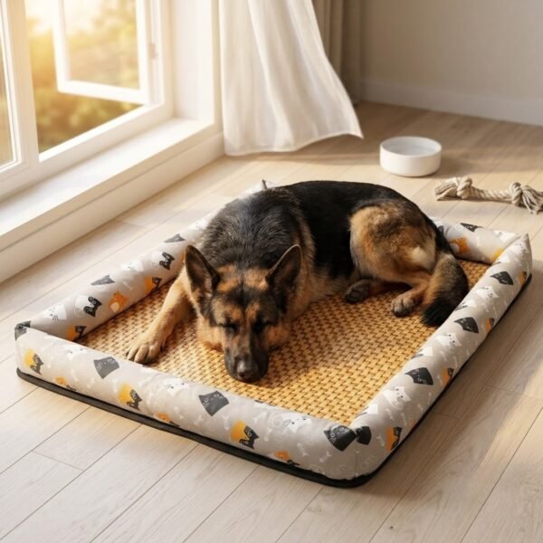 petzvibes-bamboo-rattan-cooling-pet-mat-size-xxl-german-shepherd-lifestyle.jpg Large German Shepherd lying peacefully on the PetzVibes Size XXL Bamboo Rattan Summer Cooling Pet Mat in Grey Cat Print near an open window in a Scandinavian-style home