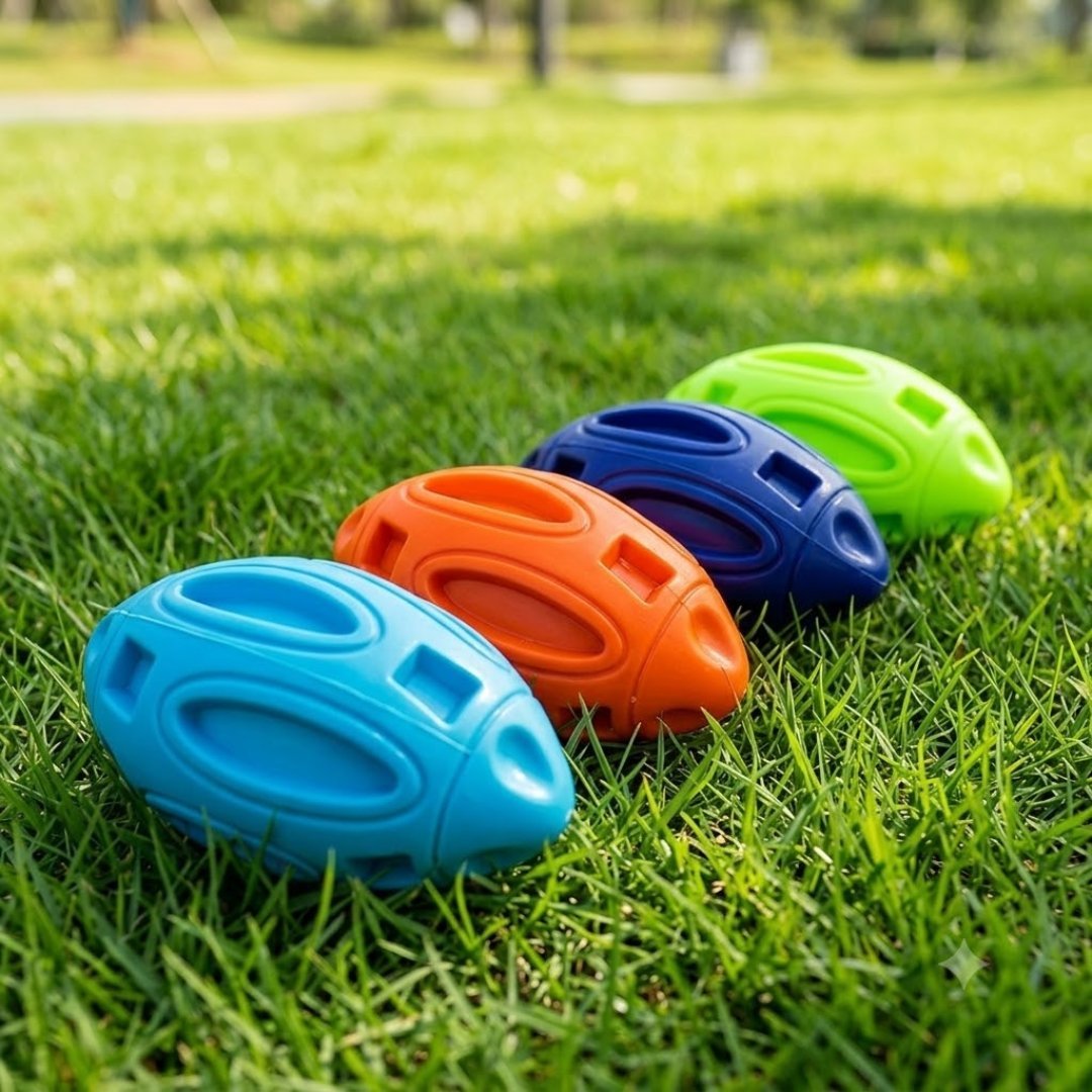 Four squeaky rubber football dog toys in blue, orange, dark blue and green lined up on fresh green grass in a sunny park