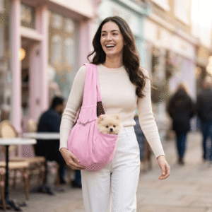 PetzVibes Snuggle Sling Pet Carrier Bag &mdash; Soft Hands-Free Shoulder Bag for Small Dogs & Cats, light blue woman carrying a cute dog in a pink bag