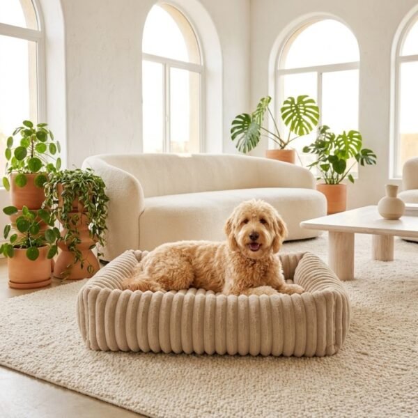 plush-ribbed-calming-pet-bed-cats-dogs-beige-golden-doodle-californian-modern-living-room.jpg Golden Doodle sitting happily in a PetzVibes beige plush ribbed calming pet bed on a cream boucle rug in a bright Californian modern living room