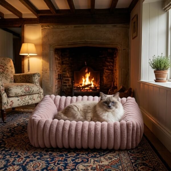 plush-ribbed-calming-pet-bed-cats-dogs-pink-ragdoll-cat-british-cottage.jpg Ragdoll cat with blue eyes resting in a PetzVibes pink plush ribbed calming pet bed beside a stone fireplace in a cozy British cottage living room