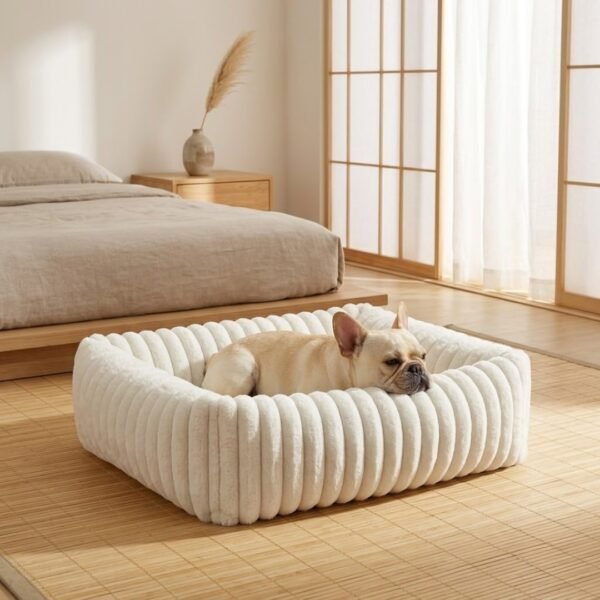 plush-ribbed-calming-pet-bed-cats-dogs-white-french-bulldog-japandi-bedroom.jpg French Bulldog resting in a PetzVibes white plush ribbed calming pet bed on a bamboo mat floor in a serene Japandi bedroom