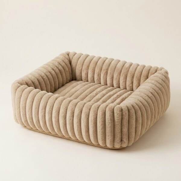 plush-ribbed-calming-pet-bed-cats-dogs-beige PetzVibes Plush Ribbed Calming Pet Bed for cats and dogs in warm natural beige, square bolster sofa bed with channel-stitch plush fabric and non-slip base