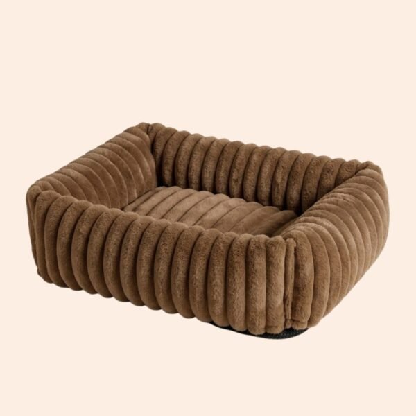 plush-ribbed-calming-pet-bed-cats-dogs-brown.jpg PetzVibes Plush Ribbed Calming Pet Bed for cats and dogs in warm brown, square bolster sofa bed with channel-stitch plush fabric and non-slip base