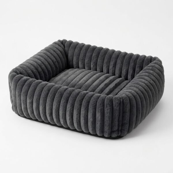 plush-ribbed-calming-pet-bed-cats-dogs-dark-grey.jpg PetzVibes Plush Ribbed Calming Pet Bed for cats and dogs in dark grey, square bolster sofa bed with channel-stitch plush fabric and non-slip base
