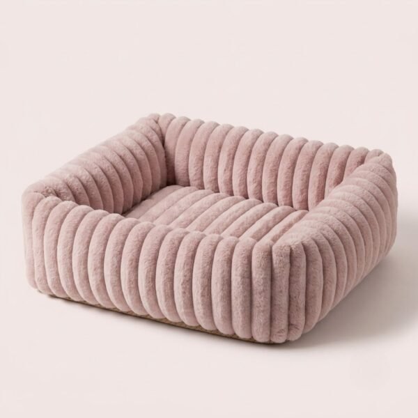 plush-ribbed-calming-pet-bed-cats-dogs-pink.jpg PetzVibes Plush Ribbed Calming Pet Bed for cats and dogs in dusty blush pink, square bolster sofa bed with channel-stitch plush fabric and non-slip base