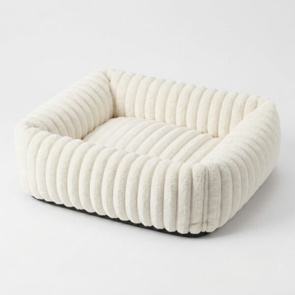 plush-ribbed-calming-pet-bed-cats-dogs-white.jpg PetzVibes Plush Ribbed Calming Pet Bed for cats and dogs in off-white cream, square bolster sofa bed with channel-stitch plush fabric and dark non-slip base