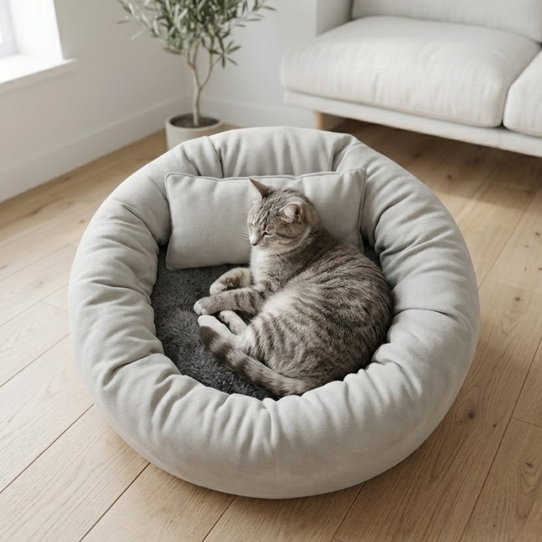 Grey tabby cat curled up inside a light grey round calming bolster pet bed on a timber floor in a Scandinavian living room