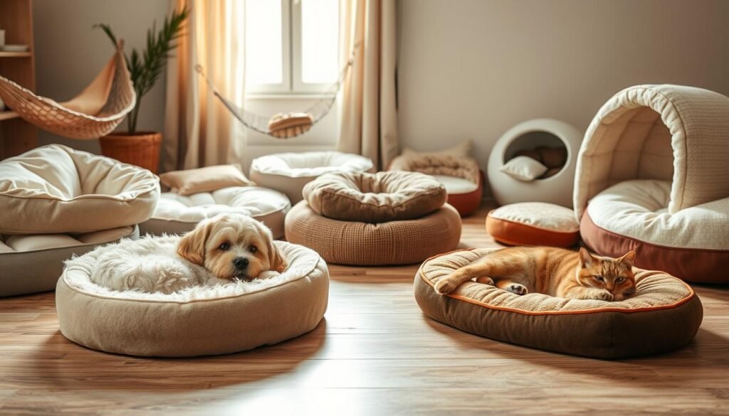 A serene indoor setting featuring a variety of comfortable pet sleeping options tailored for different sleeping styles. In the foreground, a fluffy dog is curled up in a round, plush bed, embodying a cozy nest-like vibe. Nearby, a cat stretches luxuriously on a flat, soft mat, showcasing the 'starfish' sleeping style. In the middle ground, various beds in different shapes and textures&mdash;like a hammock, orthopedic bed, and cave-style den&mdash;are scattered to reflect diverse sleeping preferences. The background has a warm, inviting atmosphere with soft, diffused natural light streaming through a window, highlighting the soft fabrics and comforting colors of the beds. The composition evokes a sense of tranquility and peace, perfect for pets at rest.