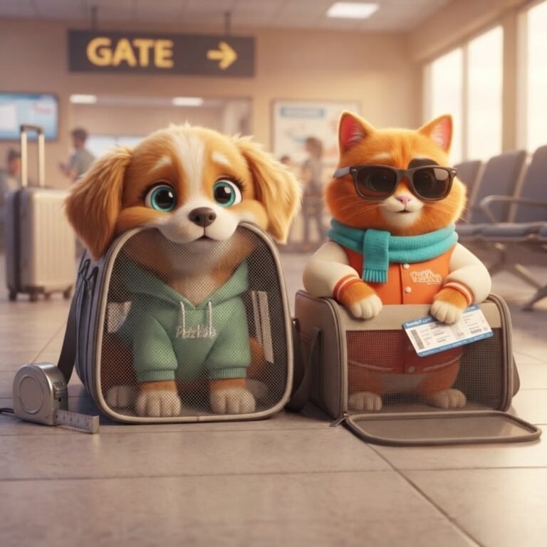 Pet-Travel-Carriers-Reviewed-Comfort-Meets-Airline-Regulations featuring characters Vibo and Whiskers from petzvibes.com