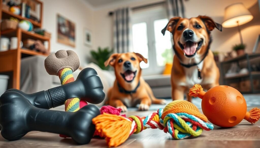 A collection of the best indestructible dog toys designed for aggressive chewers is displayed prominently in the foreground. These toys include a tough rubber bone, a heavy-duty rope toy, and a durable squeaky toy, all showcasing their robust materials and vibrant colors. In the middle ground, a playful dog is shown eagerly interacting with one of the toys, illustrating their appeal and functionality. The background features a cozy home environment, with a well-lit dog-friendly space, emphasizing warmth and safety. Soft, natural light streams in from a nearby window, creating a comforting atmosphere. The angle is slightly elevated, capturing the joyful interaction of the dog with the toys, inviting viewers to feel the excitement and durability of these products. A collection of the best indestructible dog toys designed for aggressive chewers is displayed prominently in the foreground. These toys include a tough rubber bone, a heavy-duty rope toy, and a durable squeaky toy, all showcasing their robust materials and vibrant colors. In the middle ground, a playful dog is shown eagerly interacting with one of the toys, illustrating their appeal and functionality. The background features a cozy home environment, with a well-lit dog-friendly space, emphasizing warmth and safety. Soft, natural light streams in from a nearby window, creating a comforting atmosphere. The angle is slightly elevated, capturing the joyful interaction of the dog with the toys, inviting viewers to feel the excitement and durability of these products.