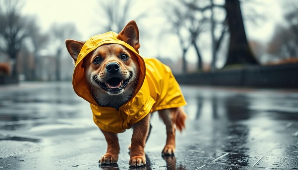 A happy dog wearing a bright yellow raincoat with a fitted hood, designed to cover its ears and head, standing on a wet pavement during a light rain. The dog has a playful expression, with raindrops visible on its shiny coat and hood. The scene is well-lit with soft, diffused natural light, emphasizing the vibrant color of the raincoat against the gray skies. In the background, blurred outlines of trees and puddles reflect the overcast weather, enhancing the atmosphere of a rainy day. The focus should be sharp on the dog and the raincoat, showcasing the protective features of the hood, while maintaining a comfortable, cheerful vibe that invites readers to consider the importance of proper apparel for their pets in wet conditions.