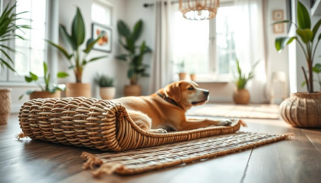 A serene indoor setting showcasing a sustainable bamboo rattan pet cooling mat, prominently placed in the foreground. The mat is designed with intricate weaving patterns, emphasizing its durability and natural textures. A relaxed dog, lying comfortably on the mat, enhances the scene, illustrating the comfort it provides. In the middle ground, soft natural light streams through a large window, highlighting the warmth and colors of the bamboo and rattan. The background features a cozy room with plants and gentle decor, creating an inviting atmosphere that embodies eco-friendliness. The overall mood is calm and refreshing, evoking the idea of a cool sanctuary for pets on warm days. Use a soft focus with a gentle depth of field to draw attention to the mat and pet. A serene indoor setting showcasing a sustainable bamboo rattan pet cooling mat, prominently placed in the foreground. The mat is designed with intricate weaving patterns, emphasizing its durability and natural textures. A relaxed dog, lying comfortably on the mat, enhances the scene, illustrating the comfort it provides. In the middle ground, soft natural light streams through a large window, highlighting the warmth and colors of the bamboo and rattan. The background features a cozy room with plants and gentle decor, creating an inviting atmosphere that embodies eco-friendliness. The overall mood is calm and refreshing, evoking the idea of a cool sanctuary for pets on warm days. Use a soft focus with a gentle depth of field to draw attention to the mat and pet.