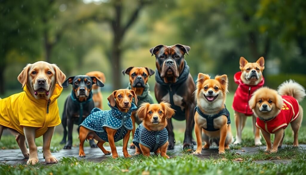 A vibrant outdoor scene featuring a variety of waterproof dog coats tailored to different breeds. In the foreground, a playful Golden Retriever models a sleek, yellow raincoat, while a small Dachshund wears a stylish blue raincoat adorned with polka dots. Nearby, a muscular Staffordshire Bull Terrier showcases a tough-looking black coat, and a fluffy Pomeranian sports a whimsical red coat with reflective strips. The middle ground includes additional breeds such as a Beagle and a Bulldog, each wearing distinct, breed-specific raincoats. The background captures a lush, rainy park setting with blurred raindrops glistening in soft natural light, creating a cozy and inviting atmosphere. The image is captured at eye level to enhance relatability and connection with the viewer. A vibrant outdoor scene featuring a variety of waterproof dog coats tailored to different breeds. In the foreground, a playful Golden Retriever models a sleek, yellow raincoat, while a small Dachshund wears a stylish blue raincoat adorned with polka dots. Nearby, a muscular Staffordshire Bull Terrier showcases a tough-looking black coat, and a fluffy Pomeranian sports a whimsical red coat with reflective strips. The middle ground includes additional breeds such as a Beagle and a Bulldog, each wearing distinct, breed-specific raincoats. The background captures a lush, rainy park setting with blurred raindrops glistening in soft natural light, creating a cozy and inviting atmosphere. The image is captured at eye level to enhance relatability and connection with the viewer.