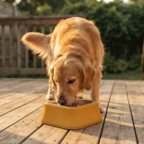 A large adult Golden Retriever is eating from the PetzVibes Anti-Tip Stainless Steel Dog Bowl in Yellow, square shape, placed on a sunlit wooden patio deck petzvibes.com