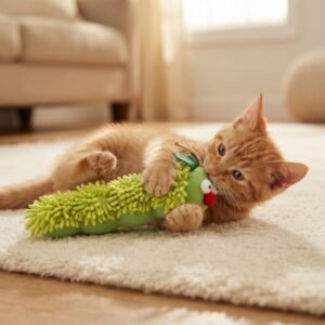 Catnip Caterpillar Cat Toy Tabby kitten plays with the caterpillar toy petzvibes.com