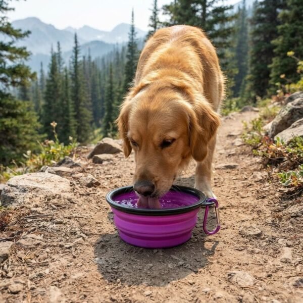 A golden retriever is drinking from the PetzVibes collapsible silicone pet bowl in purple color, fully unfolded, placed on a dirt hiking trail with pine trees and mountains softly visible in the background