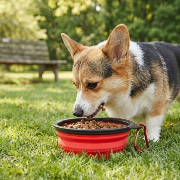 A corgi is eating from the PetzVibes collapsible silicone pet bowl in red color, fully unfolded, set on a grassy park lawn with a wooden park bench and trees blurred in the background