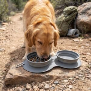 Collapsible Travel Dog Bowl A golden retriever eating from the PetzVibes collapsible 2-in-1 grey silicone travel bowl, fully expanded to its standard depth, set on a dirt hiking trail or flat rock outdoors petzvibes.com