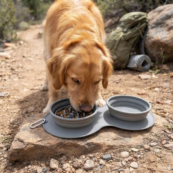 Collapsible Travel Dog Bowl A golden retriever eating from the PetzVibes collapsible 2-in-1 grey silicone travel bowl, fully expanded to its standard depth, set on a dirt hiking trail or flat rock outdoors petzvibes.com