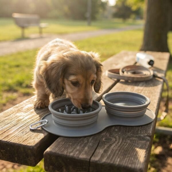 A small dog or puppy (e.g. a corgi or dachshund puppy) eating from the PetzVibes collapsible 2-in-1 grey silicone travel bowl, fully expanded to its standard depth