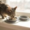 A cat eating from the PetzVibes collapsible 2-in-1 grey silicone travel bowl, set at its lowest, most collapsed height — a shallow, flattened profile petzvibes.com