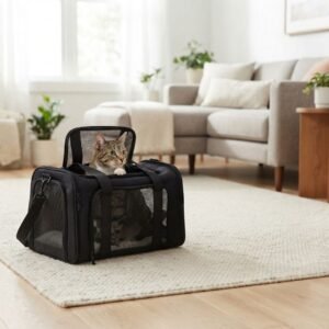 Cat peeking out of a black PetzVibes pet carrier in a living room, grey carrier beside it