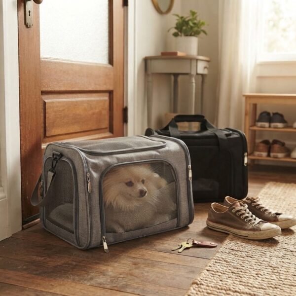 Small dog sitting inside a grey PetzVibes pet carrier by the front door, black carrier in the background