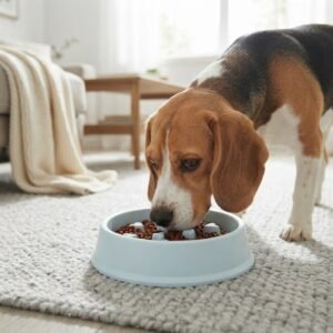 A Beagle is nosing into a light blue heart-pattern dog puzzle slow feeder bowl on a light grey living room rug, with a low wooden coffee table and a folded cream throw blanket softly out of focus in the background