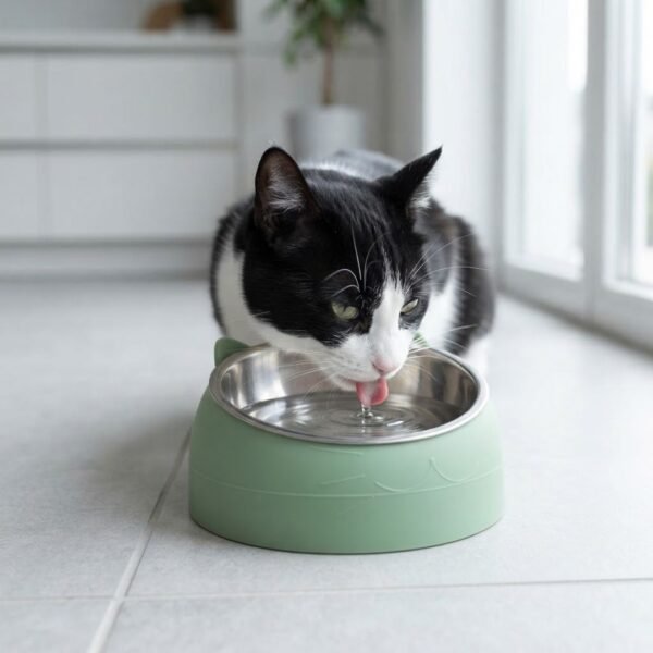 Black and white tuxedo cat drinking from a green stainless steel tilted cat bowl on a modern kitchen floor