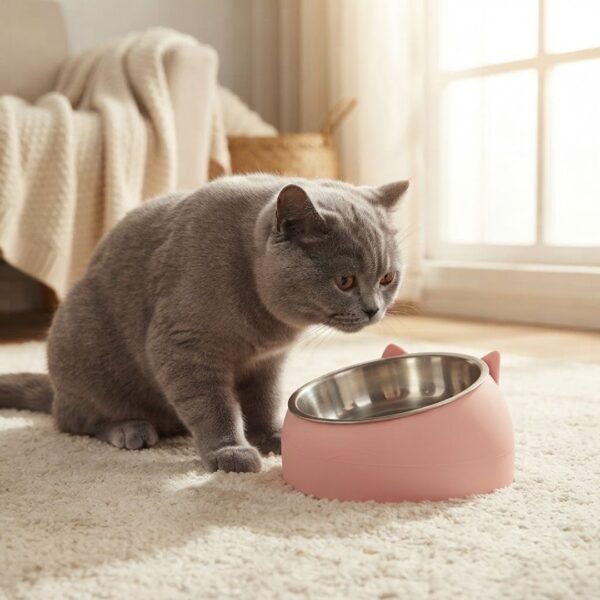 Grey British Shorthair cat sitting beside a pink stainless steel tilted cat bowl on a cozy living room rug
