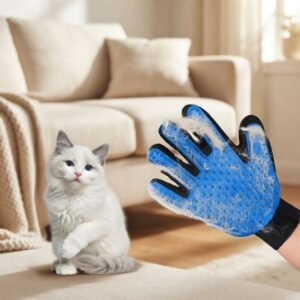 Pet Grooming Glove for Dogs and Cats lifestyle image with white cat and glove petzvibes Pet Grooming Glove for Dogs and Cats lifestyle image with white cat and glove petzvibes