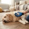 Pet Grooming Glove for Dogs and Cats lifestyle image with white dog and glove petzvibes
