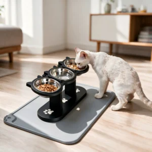 Elevated Cat Feeding Station with Mat - Bowl Station + Mat white cat cat petzvibes.com Elevated Cat Feeding Station with Mat - Bowl Station + Mat white cat cat petzvibes.com