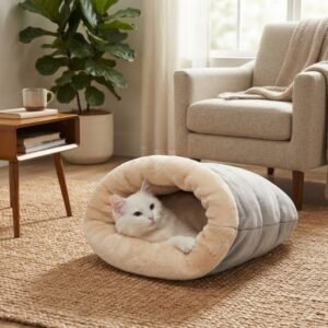 Semi-enclosed Cat Sleeping Bed lifestyle grey bed petzvibes.com