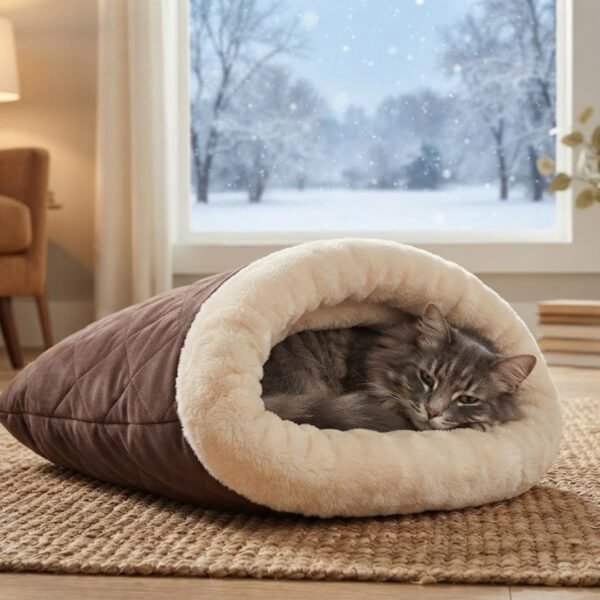 Semi-enclosed Cat Sleeping Bed lifestyle brown bed petzvibes.com Semi-enclosed Cat Sleeping Bed lifestyle brown bed petzvibes.com