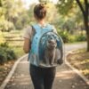 Woman walking in a park wearing the PetzVibes light blue Space Capsule Cat Backpack Carrier with a British Shorthair cat inside.