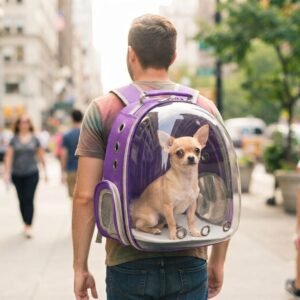 Small chew wahwah dog sitting inside the PetzVibes purple Space Capsule Cat Backpack Carrier bubble window.