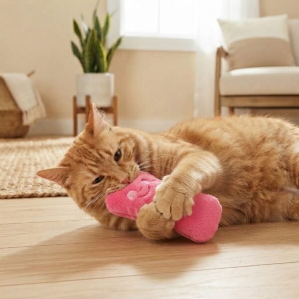 Teeth Grinding Catnip Cat Toy Lifestyle Cat plays with pink toy petzvibes.com Teeth Grinding Catnip Cat Toy Lifestyle Cat plays with pink toy petzvibes.com
