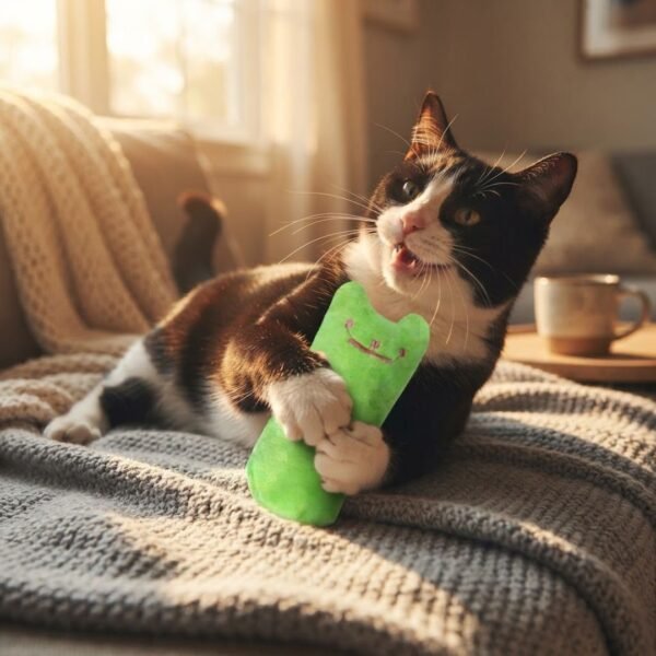 Teeth Grinding Catnip Cat Toy Lifestyle Cat plays with green toy petzvibes.com Teeth Grinding Catnip Cat Toy Lifestyle Cat plays with green toy petzvibes.com