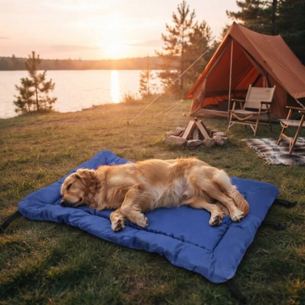 Waterproof Roll-Up Dog Travel Bed lifestyle camping petzvibes.com