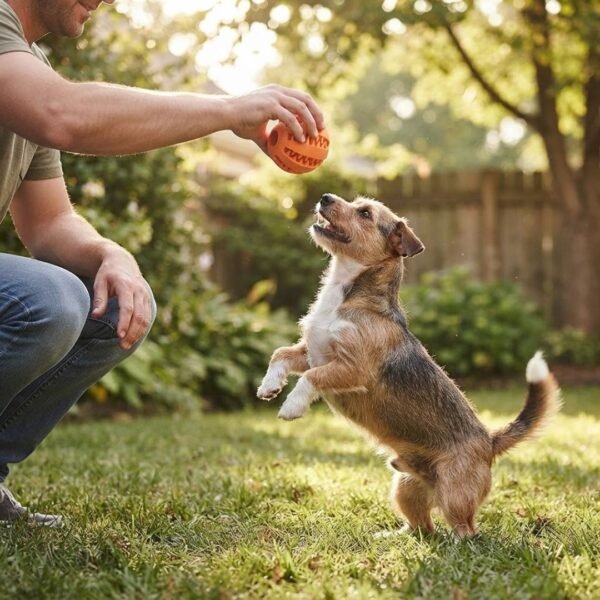 Dog Treat Dispensing Tooth Cleaning Ball dog with owner petzvibes.com Dog Treat Dispensing Tooth Cleaning Ball dog with owner petzvibes.com