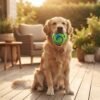 Golden Retriever holding the large green Giggle Sound Ball Dog Toy on a sunny patio