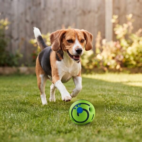 Beagle chasing the medium green Giggle Sound Ball Dog Toy across a backyard lawn petzvibes