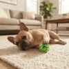 French Bulldog playing with the small green Giggle Sound Ball Dog Toy on a living room rug petzvibes.com